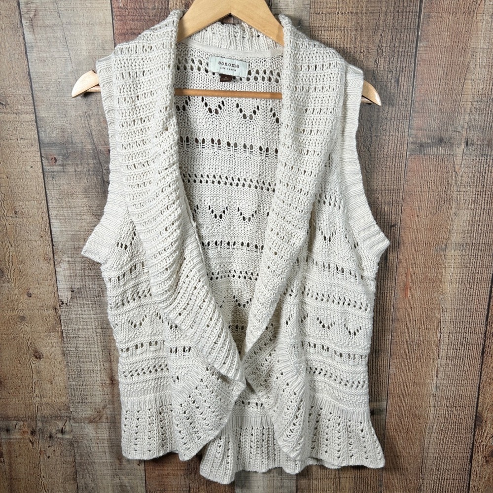 Sonoma Cream Cotton Pointelle Knit Open Front Draped Vest XL Boho Coastal